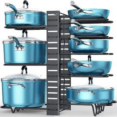 ORDORA 8-Tier Adjustable Pot & Pan Organizer – Versatile Rack for Lids, Bakeware & Cookware - JD Gifts