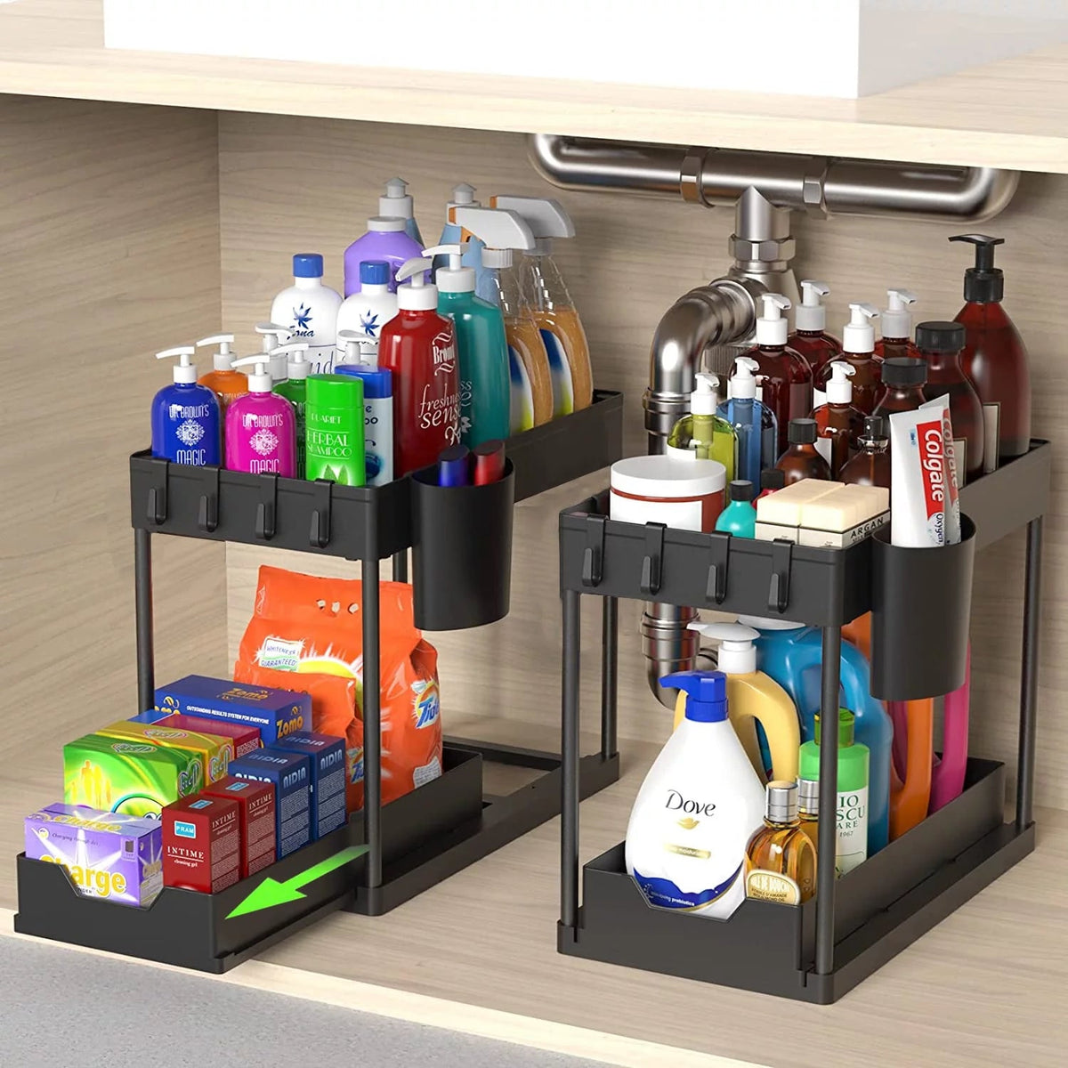 2-Pack Large Capacity Under Sink Organizer Set with Sliding Drawer and Hooks - JD Gifts