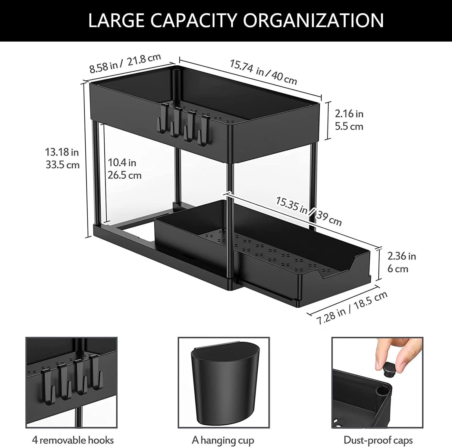 2-Pack Large Capacity Under Sink Organizer Set with Sliding Drawer and Hooks - JD Gifts