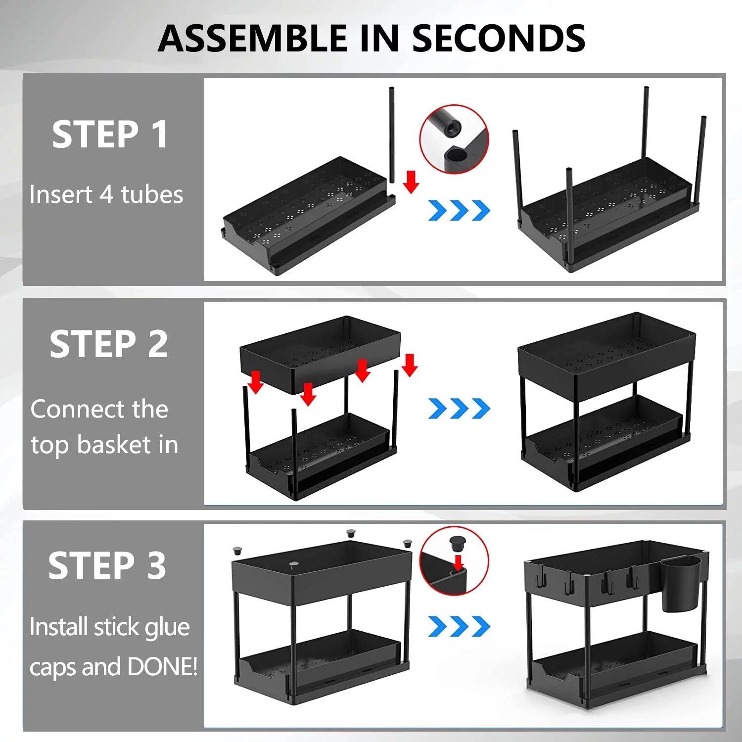 2-Pack Large Capacity Under Sink Organizer Set with Sliding Drawer and Hooks - JD Gifts