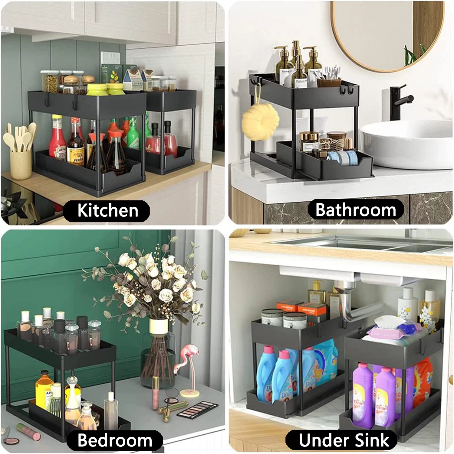 2-Pack Large Capacity Under Sink Organizer Set with Sliding Drawer and Hooks - JD Gifts