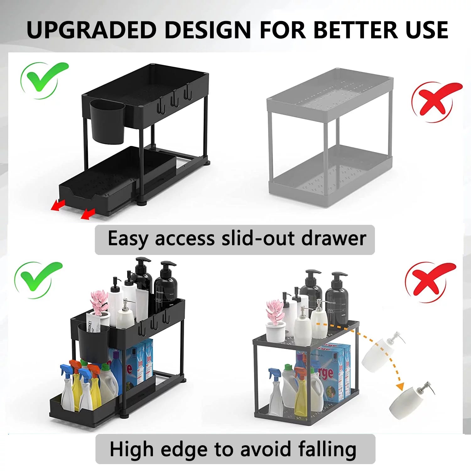 2-Pack Large Capacity Under Sink Organizer Set with Sliding Drawer and Hooks - JD Gifts