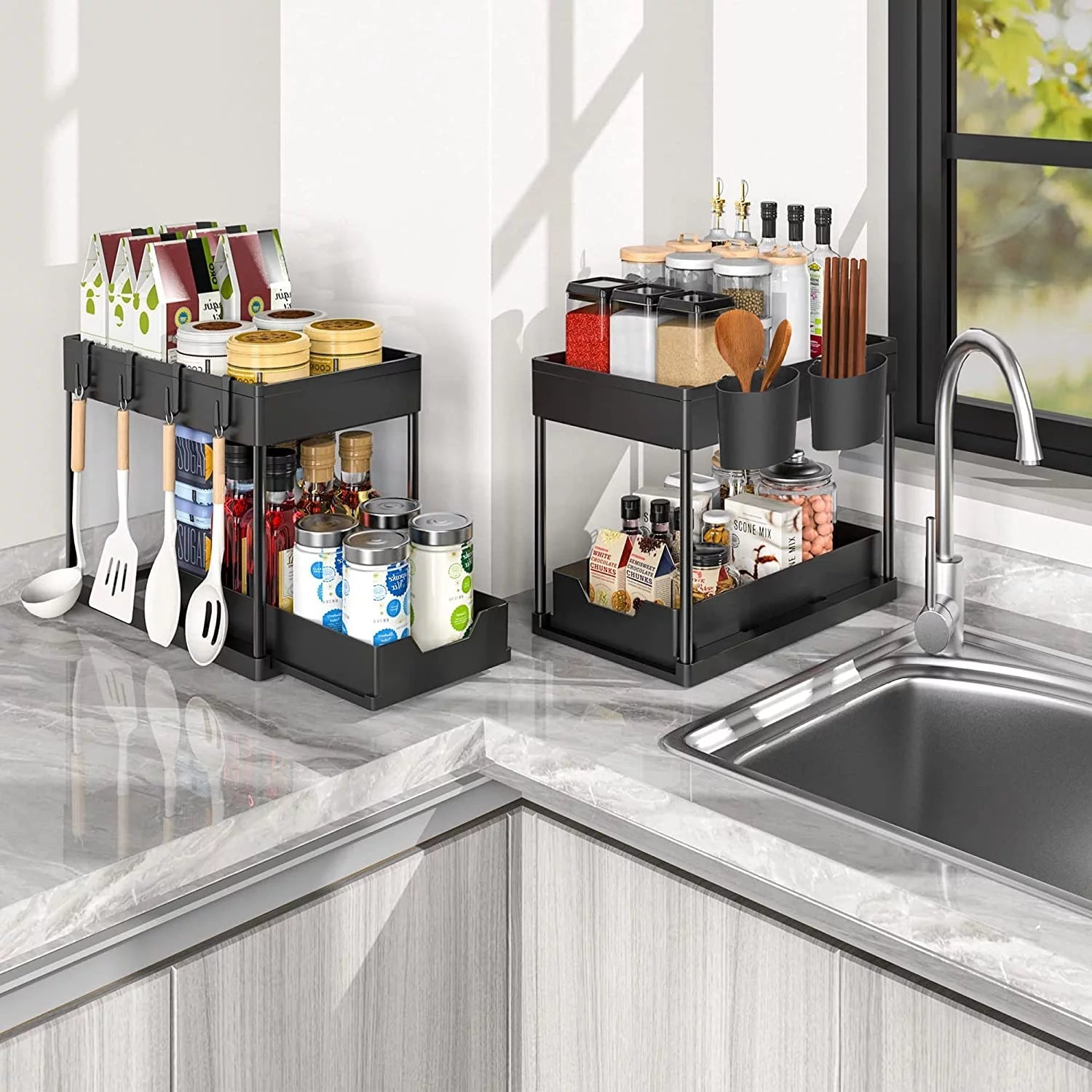 2-Pack Large Capacity Under Sink Organizer Set with Sliding Drawer and Hooks - JD Gifts