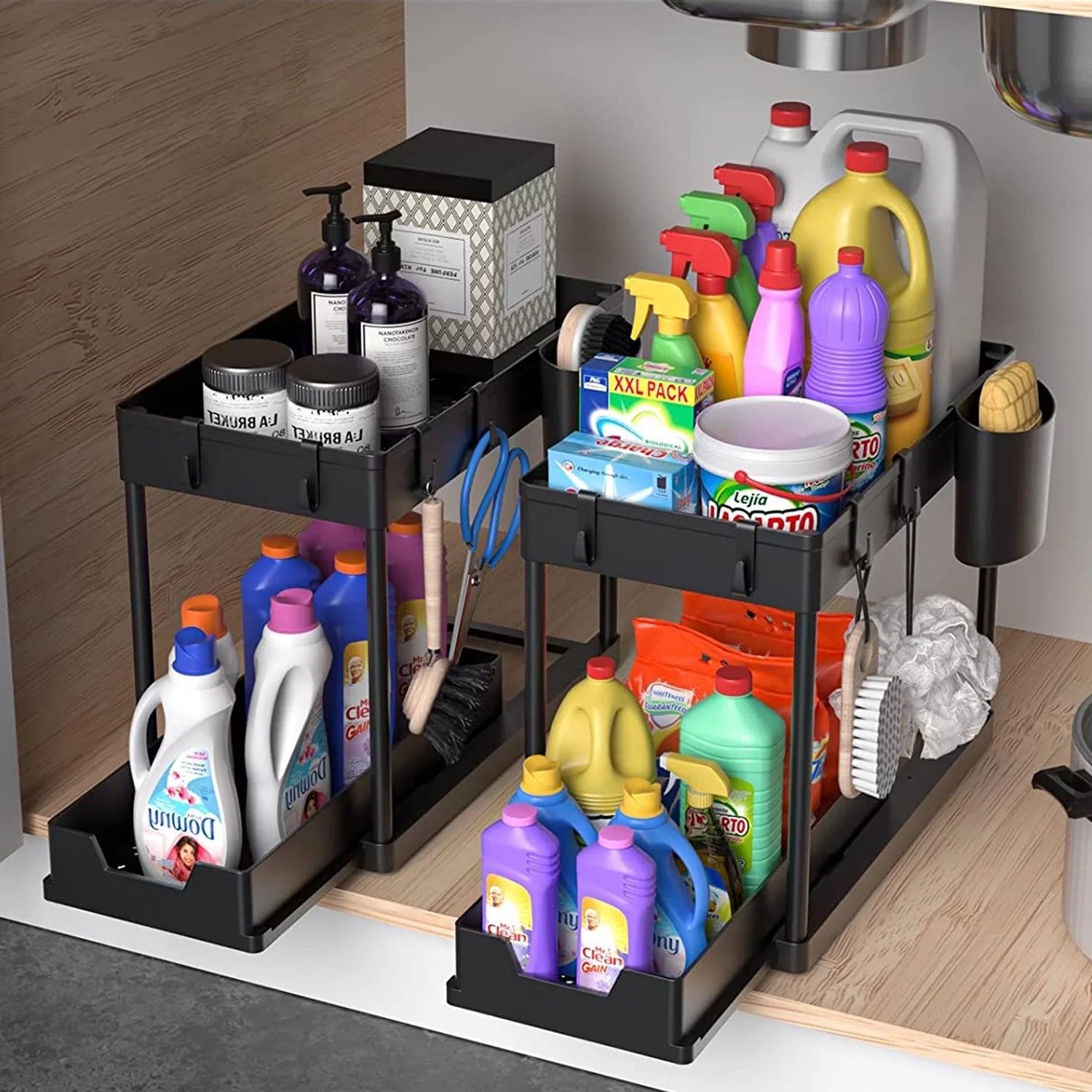 2-Pack Large Capacity Under Sink Organizer Set with Sliding Drawer and Hooks - JD Gifts