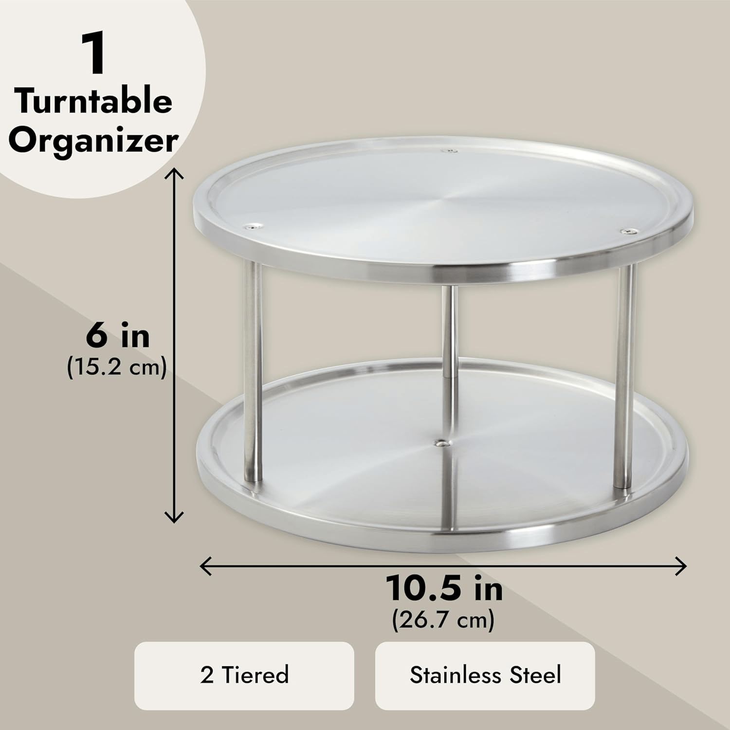 2 Tier Lazy Susan Turntable Organizer for Cabinet, Revolving Spice Rack Carousel for Kitchen Pantry Storage, Stainless Steel (10.5 In) - JD Gifts