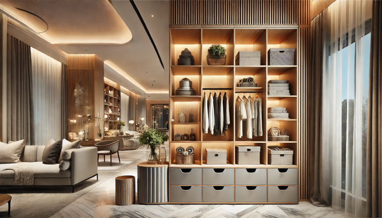 Modern open wardrobe with clothes, baskets, and linens in a luxury living space with soft lighting and neutral tones