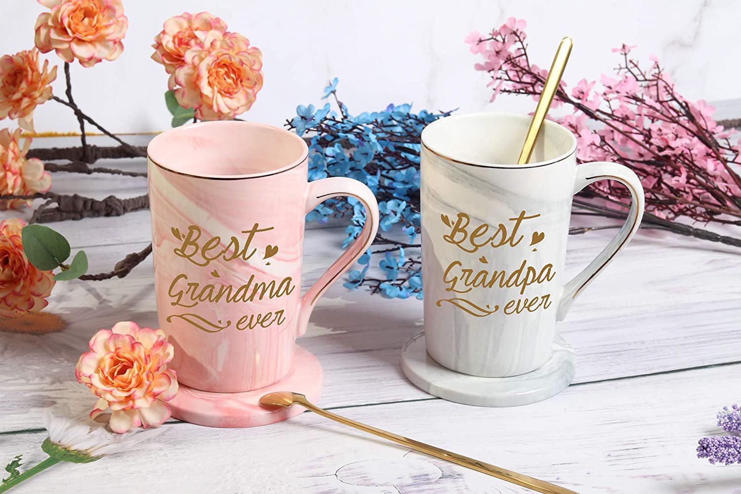 Best Grandma & Grandpa Ever Mug Set - Perfect Gift for New Grandparents, Grandkids, and Grandchildren - 14 Oz - JD Gifts