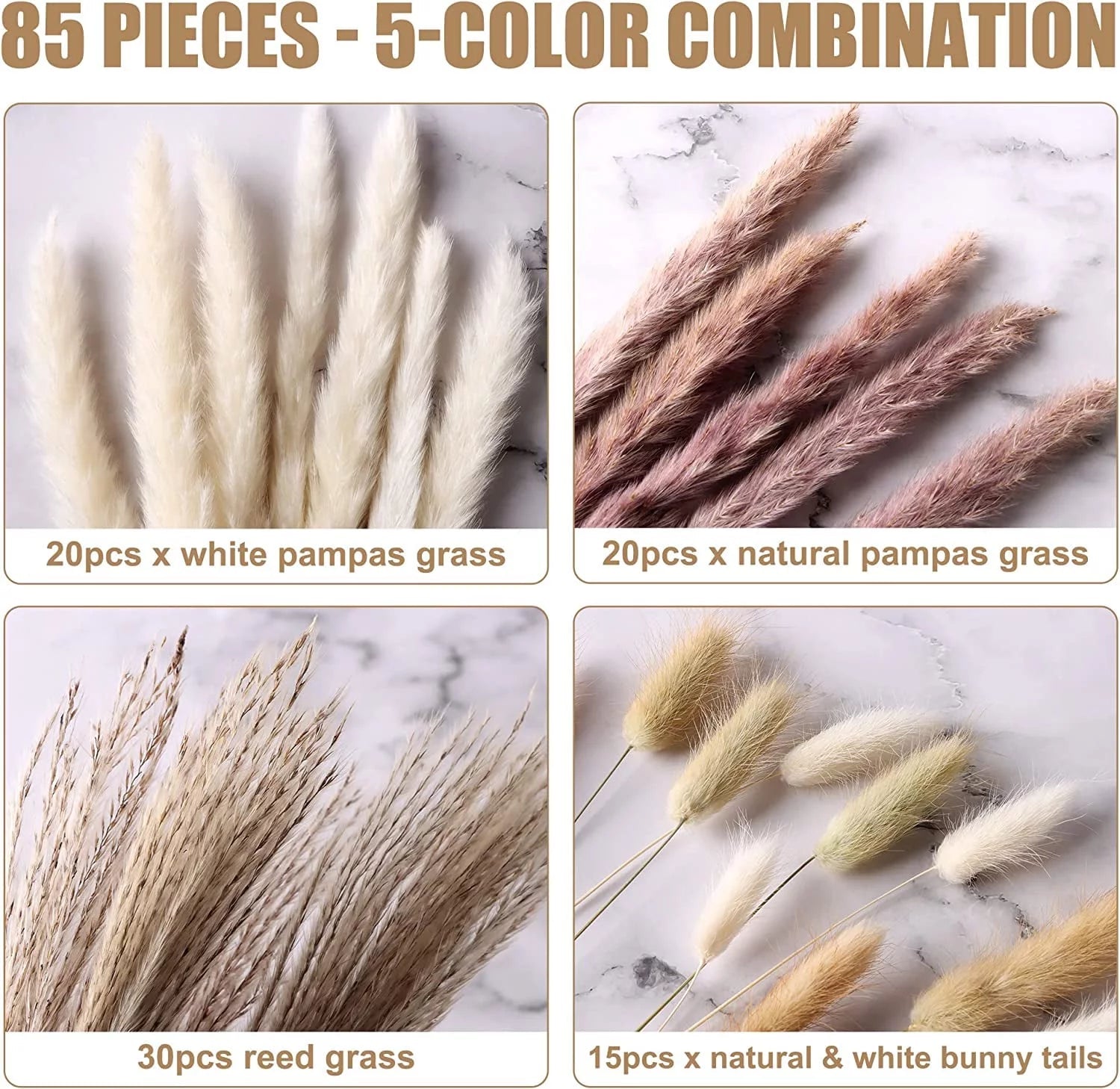 Boho Chic 85-Piece Natural Dried Pampas Grass Bouquet for Wedding and Home Decor - JD Gifts