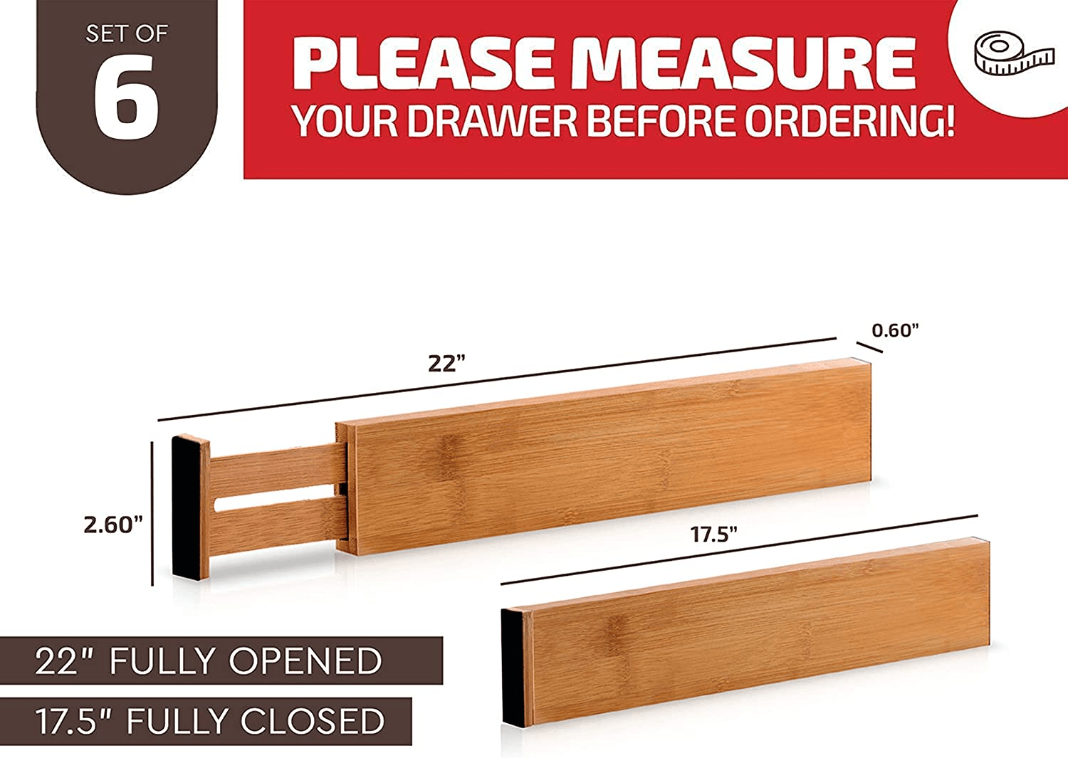 Deluxe 6 - Pack Bamboo Drawer Dividers - Expandable 17 - 21.5" Adjustable Organizer System - JD Gifts