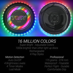 Flying Disc - 16 Million Color RGB or 36 or 360 Leds, Extremely Bright, Smart Modes, Auto Light Up, Rechargeable, 175G Frisbee - JD Gifts