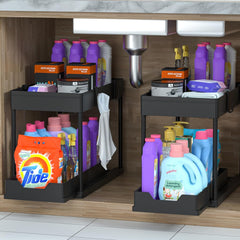 MEAFBIRD 2-Pack Expandable Under-Sink Organizer – 2-Tier Sliding Storage Rack for Kitchen & Bathroom (Black) - JD Gifts