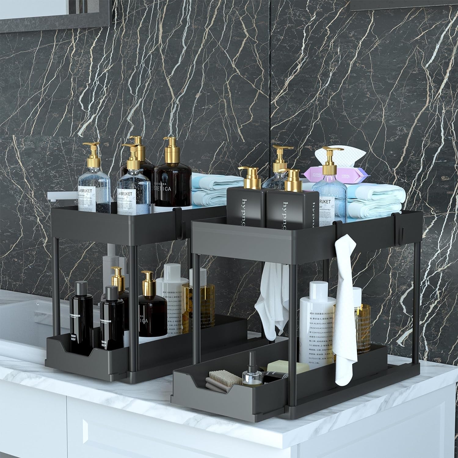 MEAFBIRD 2-Pack Expandable Under-Sink Organizer – 2-Tier Sliding Storage Rack for Kitchen & Bathroom (Black) - JD Gifts