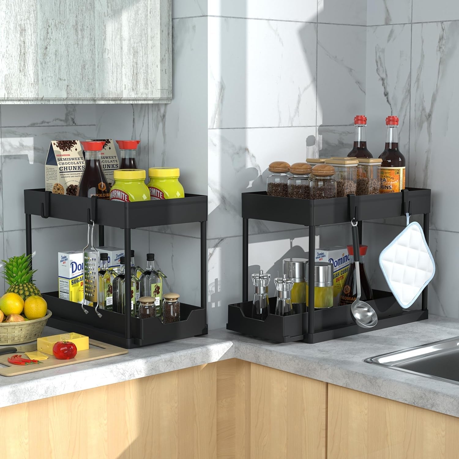 MEAFBIRD 2-Pack Expandable Under-Sink Organizer – 2-Tier Sliding Storage Rack for Kitchen & Bathroom (Black) - JD Gifts