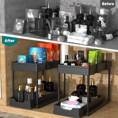 MEAFBIRD 2-Pack Expandable Under-Sink Organizer – 2-Tier Sliding Storage Rack for Kitchen & Bathroom (Black) - JD Gifts