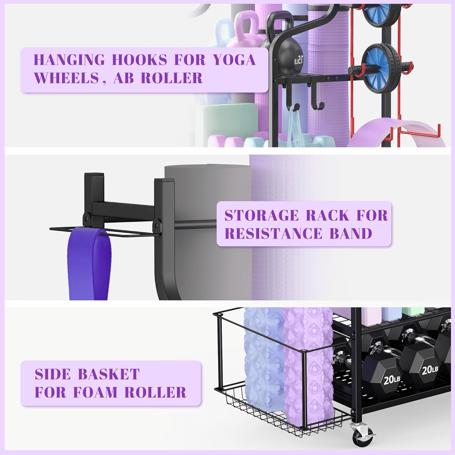 Professional Mobile Fitness Organizer – Heavy-Duty 3-Tier Gym Equipment Rack with Hooks, Baskets & Mat Holder - JD Gifts