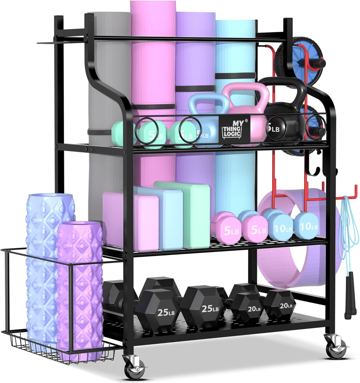 Professional Mobile Fitness Organizer – Heavy-Duty 3-Tier Gym Equipment Rack with Hooks, Baskets & Mat Holder - JD Gifts