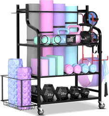 Professional Mobile Fitness Organizer – Heavy-Duty 3-Tier Gym Equipment Rack with Hooks, Baskets & Mat Holder - JD Gifts