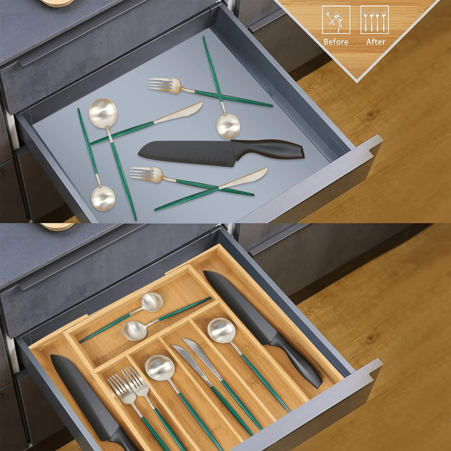 VaeFae Expandable Bamboo Cutlery Organizer – Adjustable Storage Solution for Modern Kitchens - JD Gifts