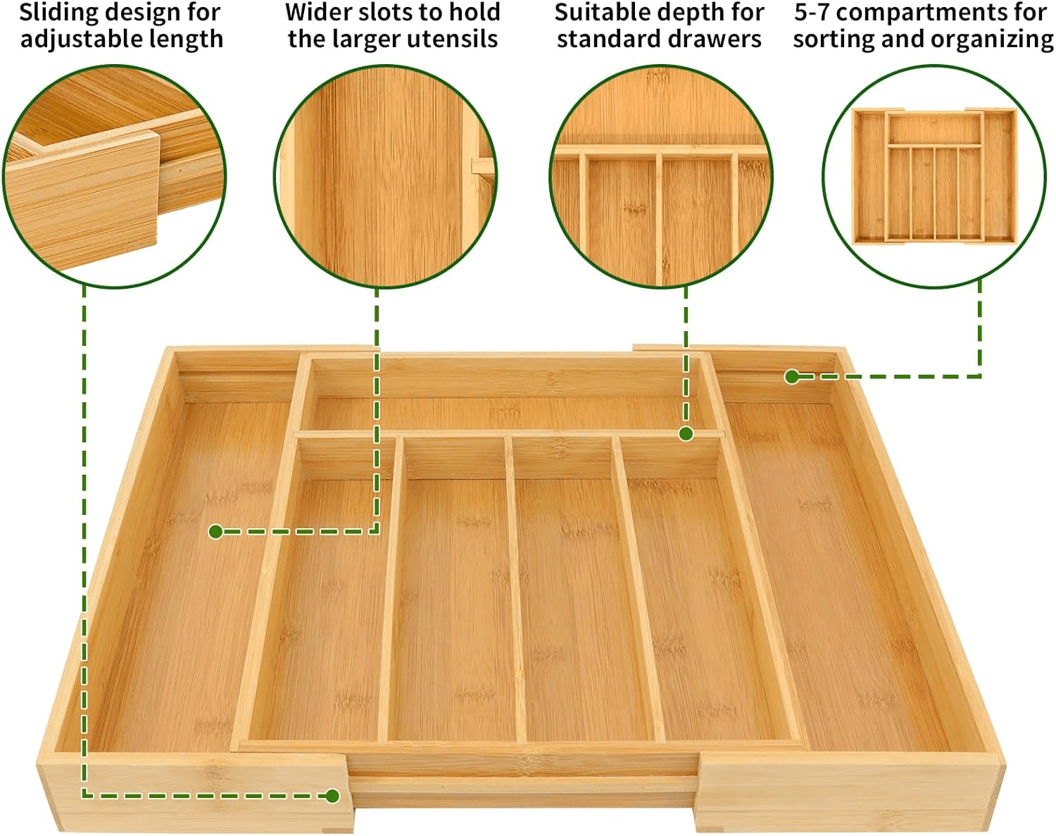 VaeFae Expandable Bamboo Cutlery Organizer – Adjustable Storage Solution for Modern Kitchens - JD Gifts
