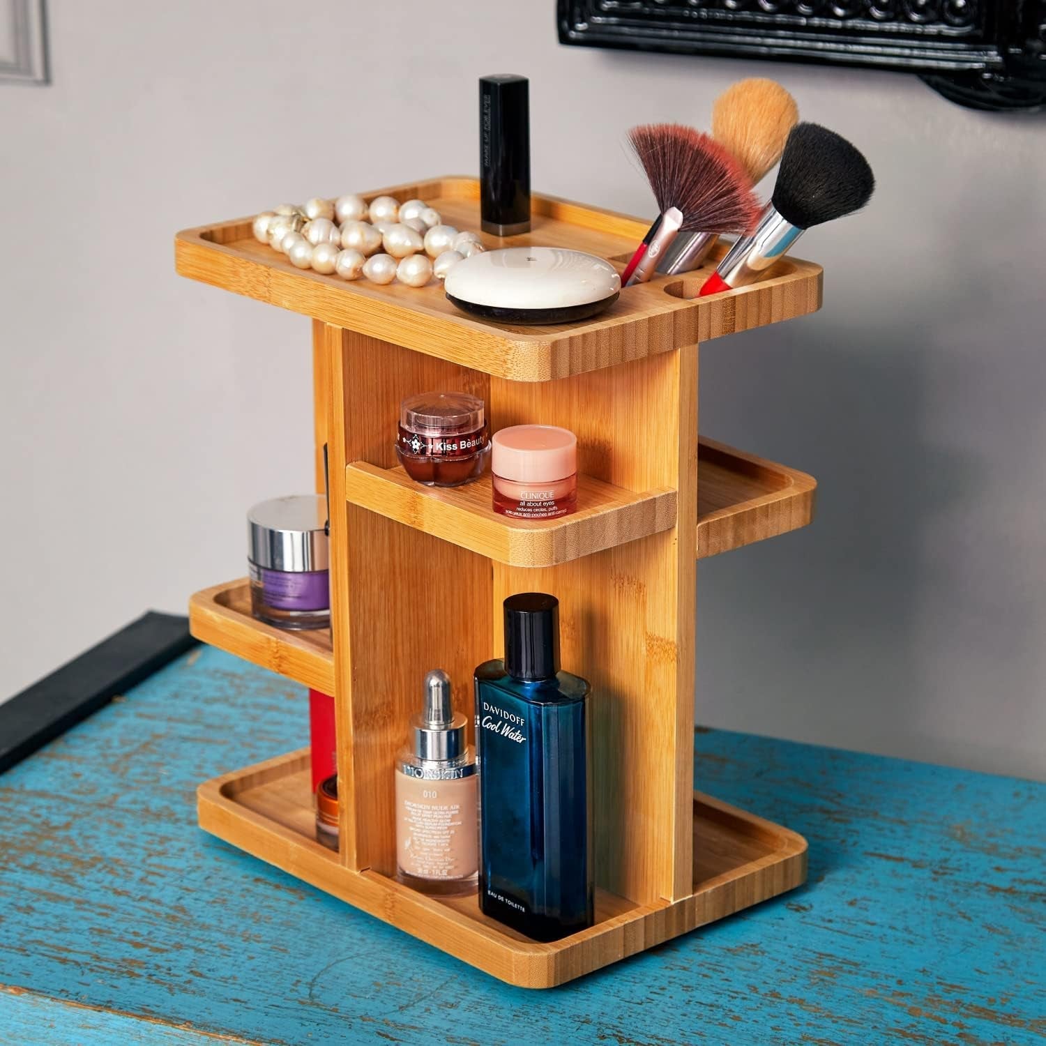 ROYALHOUSE 360° Bamboo Rotating Organizer – Elegant Multi-Tier Storage for Makeup & Toiletries - JD Gifts