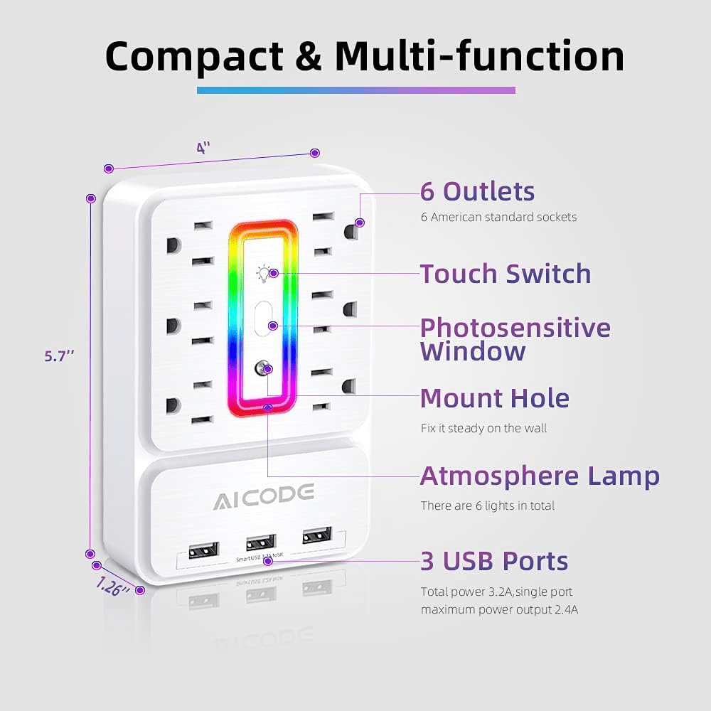 AICODE 9-in-1 Smart Surge Protector with RGB Ambient Lighting – Multi-Device Charging Hub for Home & Office - JD Gifts