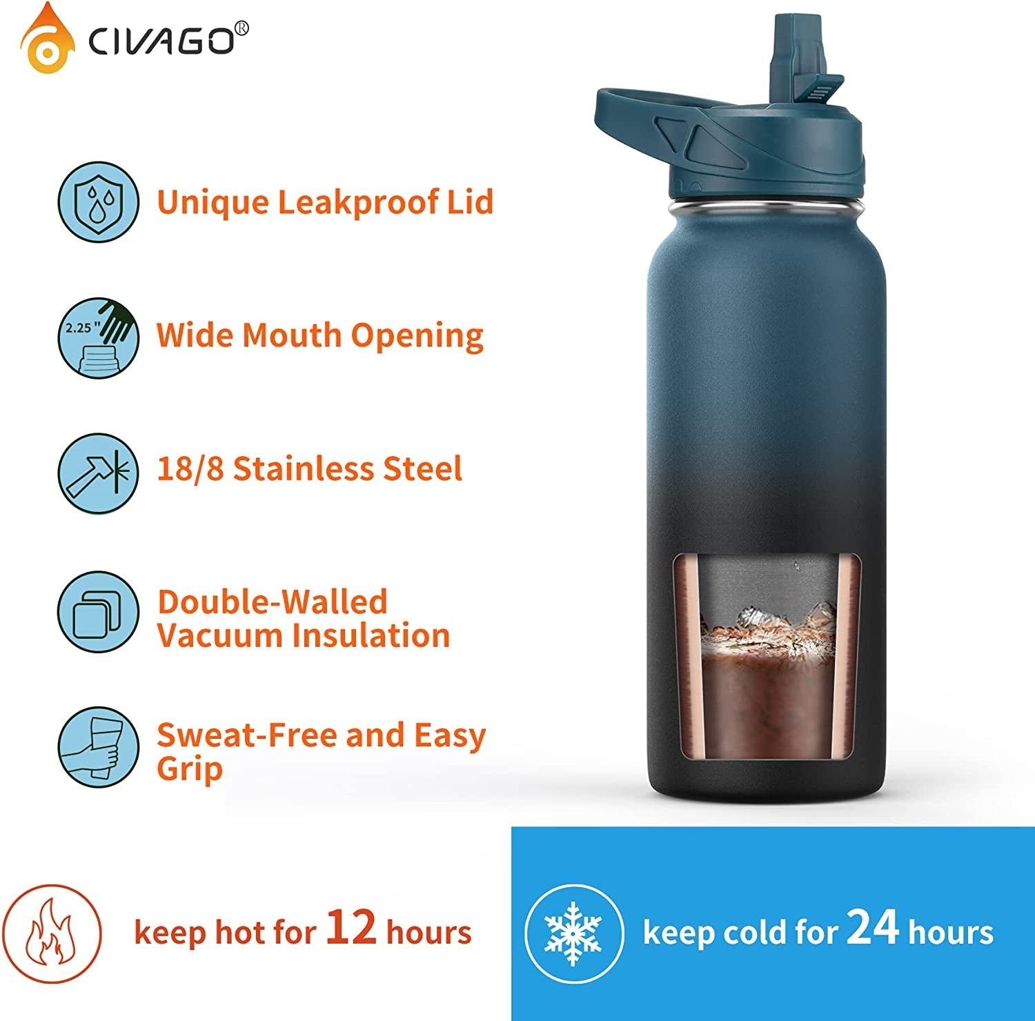 Stainless Steel Insulated Water Bottle with 3 Lids and Straw - Travel Thermal Mug, 32oz - JD Gifts